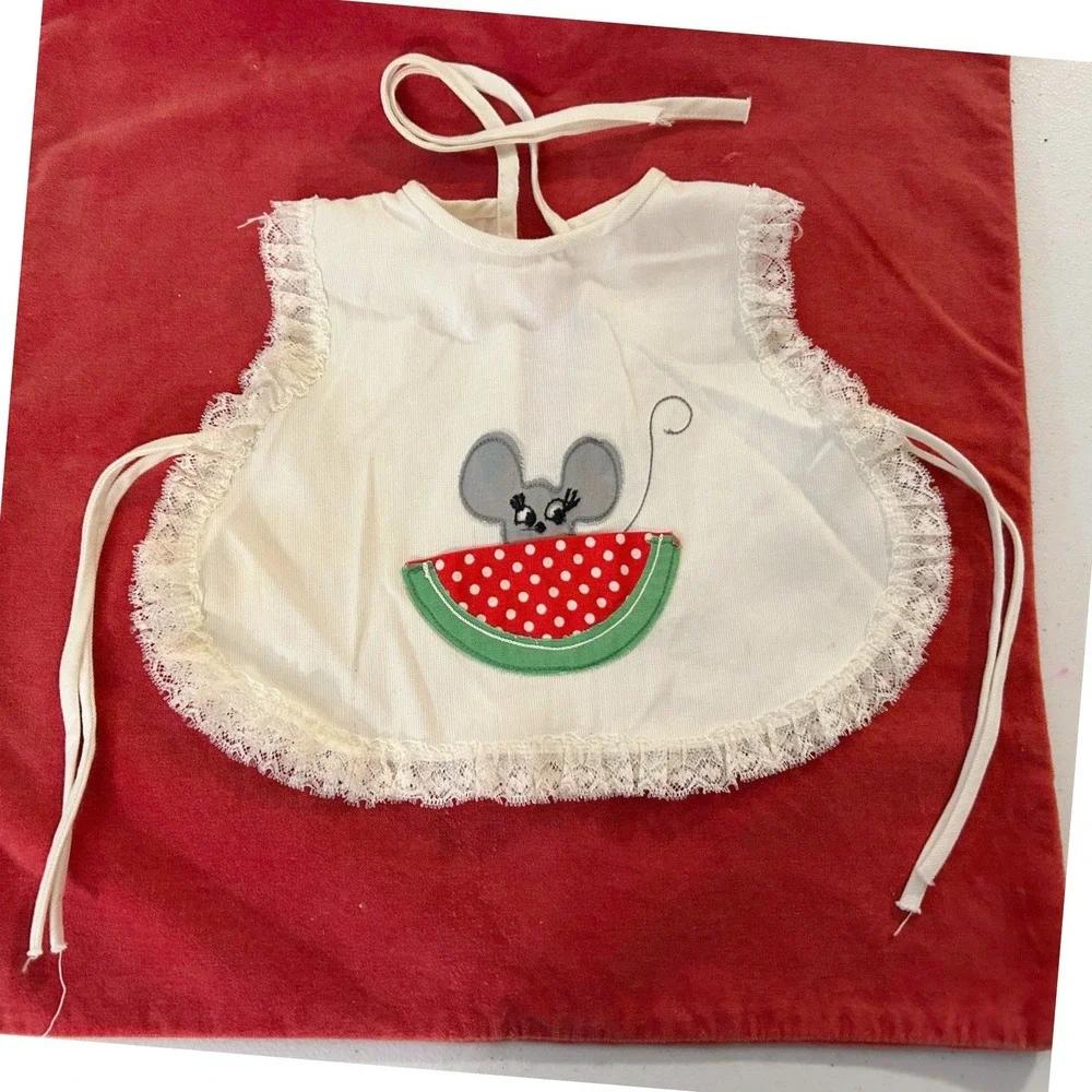 Vintage Antique Baby Bib Cream Linen Mouse Watermelon Pocket